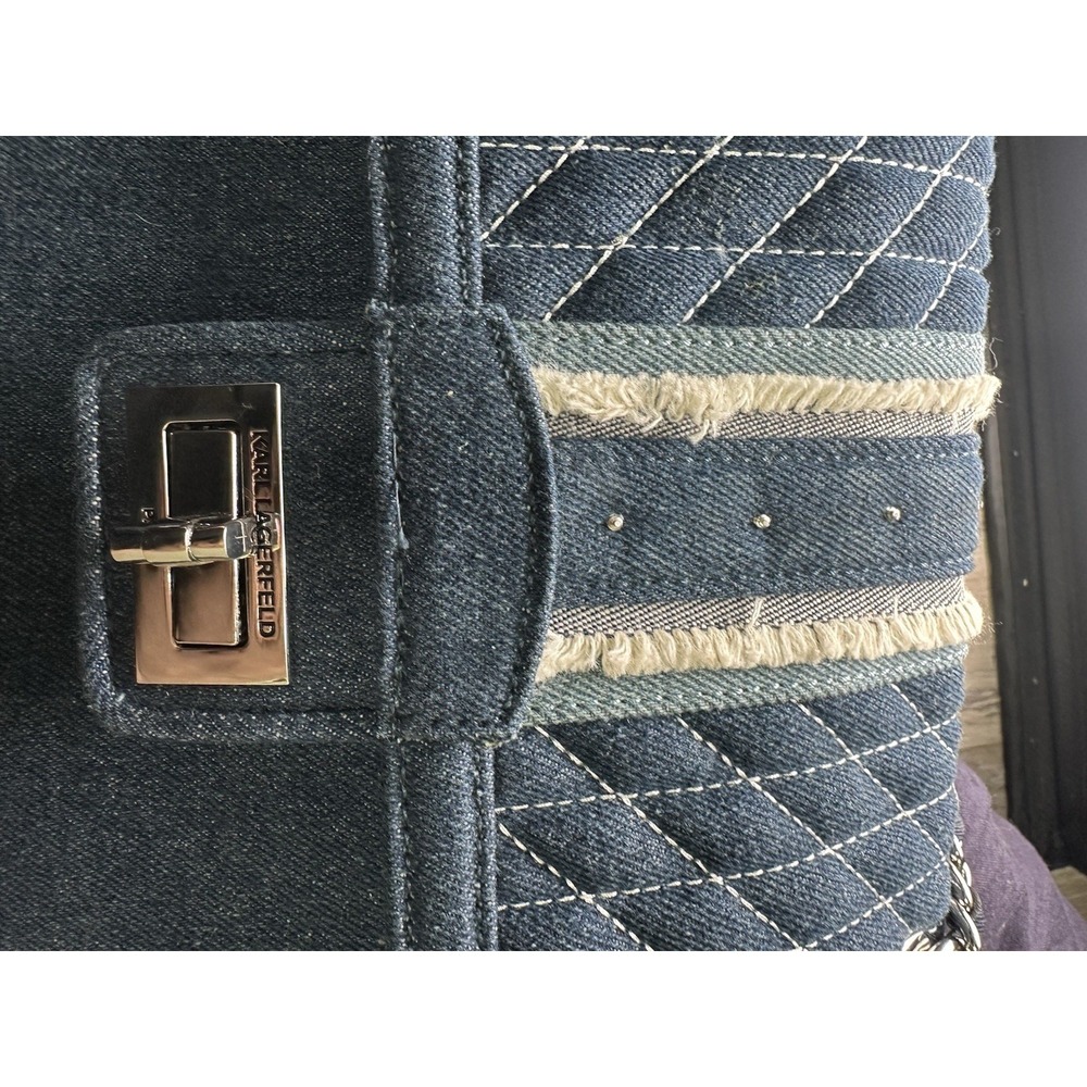 Karl Lagerfeld Agyness Signature Blue Chambray Canvas Shoulder Bag - Picture 10 of 13